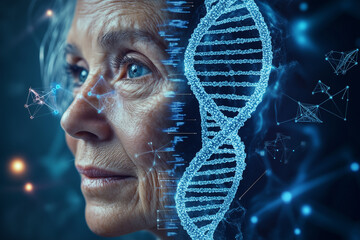 Portrait of old woman in DNA chains, aging concept