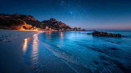 Obraz premium Night sky illuminates Sardinia beach. Stars reflect in sea. Moody seascape for travel, marketing, design.