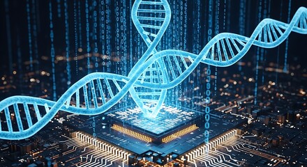 Abstract blue dna helix emerging from a futuristic computer chip with binary code falling like rain, symbolizing genetic technology and data