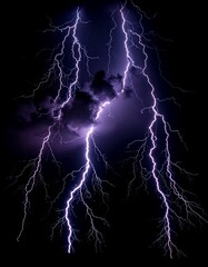 Multiple Glowing Lightning Bolts in Stormy Sky, Cinematic Black Background