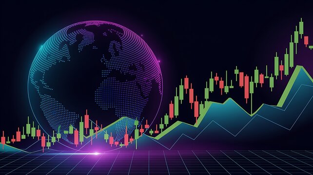 Global stock market illustration with digital earth candlestick charts and glowing grid overlay on dark background