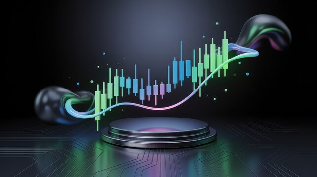Abstract 3d visualization of a rising stock market candlestick chart with futuristic glowing elements