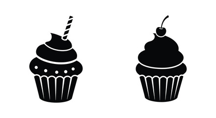 Two black and white cupcake illustrations with different toppings displayed