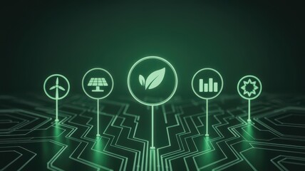 Digital futuristic representation of sustainable energy sources and environmental technology icons on a circuit board