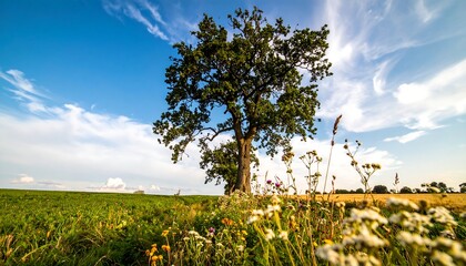 Lush green tree in a field of wildflowers under a partly cloudy sky