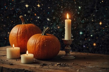 Still life of pumpkins and candles halloween gloomy atmosphere