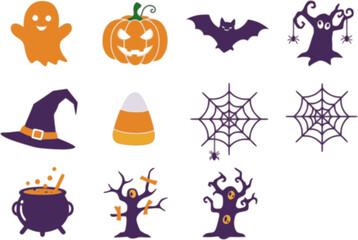 Colorful Halloween icons arranged in a playful pattern offering a cheerful take on spooky elements
