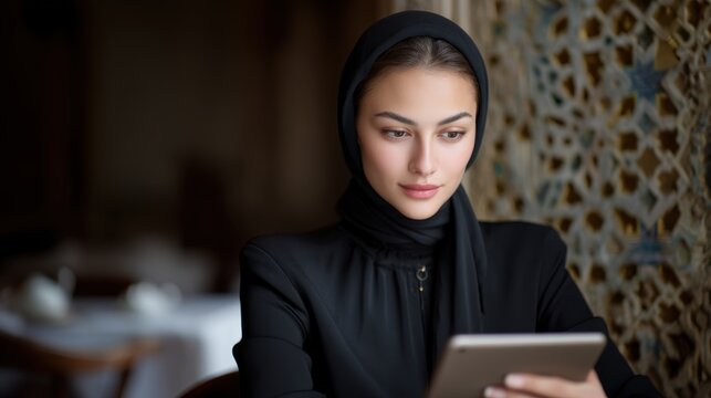 Elegant woman in hijab works on tablet against a backdrop of exquisite arabesque design indoors bathed in soft light - Powered by Adobe