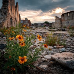 Resilient wildflowers bloom amidst the ruins of a crumbling stone structure at sunset, their vibrant orange hues contrasting with the gray tones of the decaying buildings and the dramatic sky