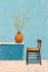 A still life painting depicts a terracotta vase filled with yellow flowers sitting on a light blue ledge, next to a simple wooden chair against a textured blue wall
