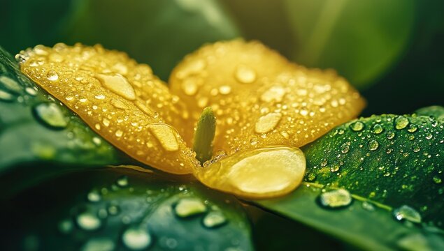 A close-up of an unripe lemon with water droplets on it, with green leaves in the background.