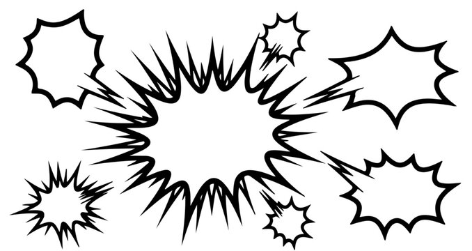 A collection of comic book style speech bubbles and burst shapes with jagged edges on a white background.