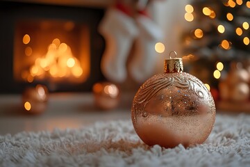 Rose gold Christmas bauble on white snow with fireplace and bokeh lights in background creating cozy festive atmosphere for winter holiday season.