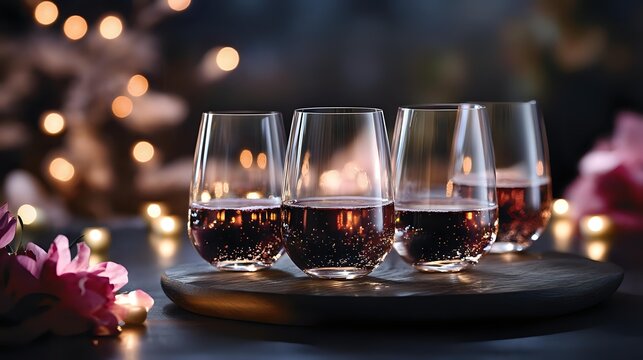 Elegant stemless wine glasses filled with rose wine on wooden serving board against blurred bokeh lights and pink flowers, creating romantic atmosphere. - Powered by Adobe