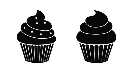 Two black and white cupcake silhouettes with detailed frosting and liners