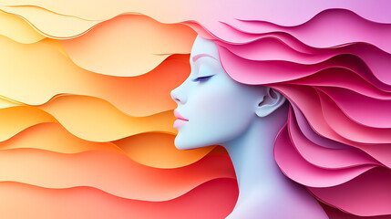 Abstract woman background, Beautiful fashion model in 3D papercut pastel colors illustration, paper craft effect style digital artwork. Birthday card, greeting card or beauty product banner poster