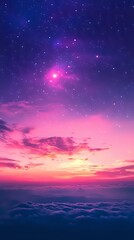 Fototapeta premium Vibrant purple and pink sunset sky above clouds with bright stars and cosmic nebula creating magical atmospheric scene for fantasy and spiritual designs.