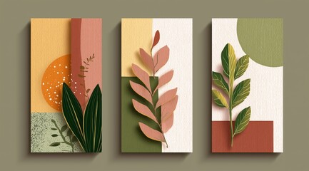Artistic Botanical Trio: A collection of minimalist art pieces presents an elegant fusion of nature and design, showcasing abstract plant elements in a modern, eye-catching style.