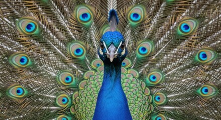 Obraz premium Magnificent Male Peacock Displays Elaborate Feathered Train