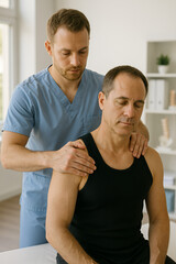 Ultra sharp realistic photo of physiotherapist massaging patient’s shoulder in clinic, daylight