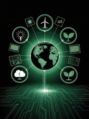 Obraz premium Digital earth with sustainable technology icons connected to global network illustrating future innovation