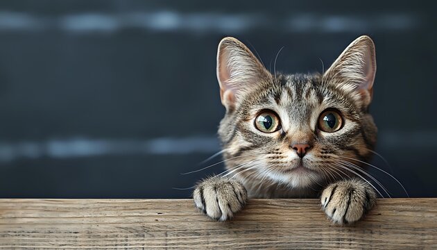 Curious tabby cat peeking over wooden fence with paws visible, looking up with wide eyes against dark background. Playful feline portrait for pet and animal concepts.
