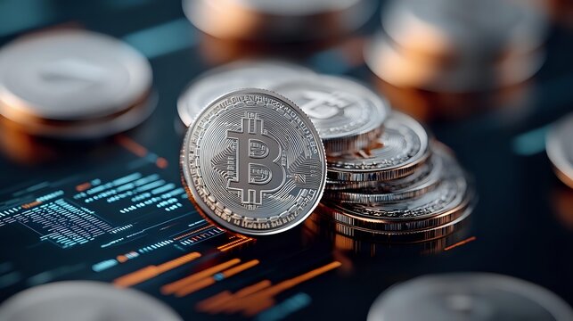Silver cryptocurrency coins on digital market chart background with orange and blue trading data visualization showing price movements. - Powered by Adobe
