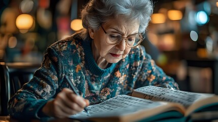 Senior woman with gray hair and glasses writing in book at evening time, warm ambient lighting creates cozy atmosphere for reading and studying.