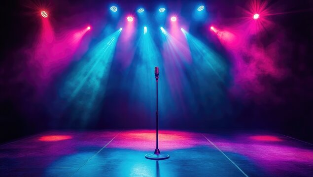 A colorful stage with bright lights and an empty microphone in the center, creating a lively atmosphere for live music or comedy show events.