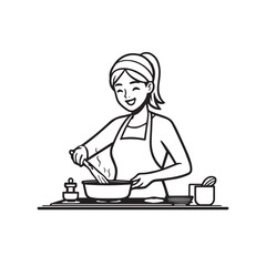 
Black and White Vector Illustration of a Smiling Woman Cooking in Kitchen with Apron and Headband