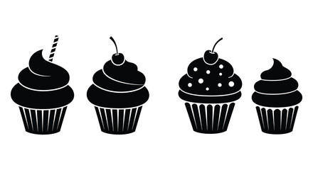 Black and white illustration of four decorated cupcakes in a row