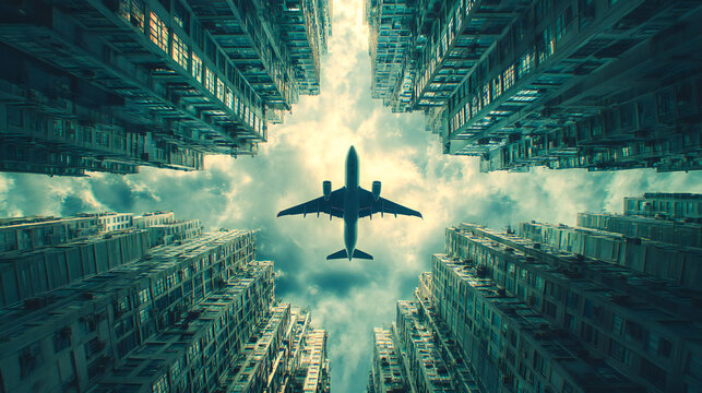 Airplane flying over the city skyscraper green buildings surreal landscape, modern luxury architecture one point perspective view, futuristic optical visual 3d digital artwork illustration