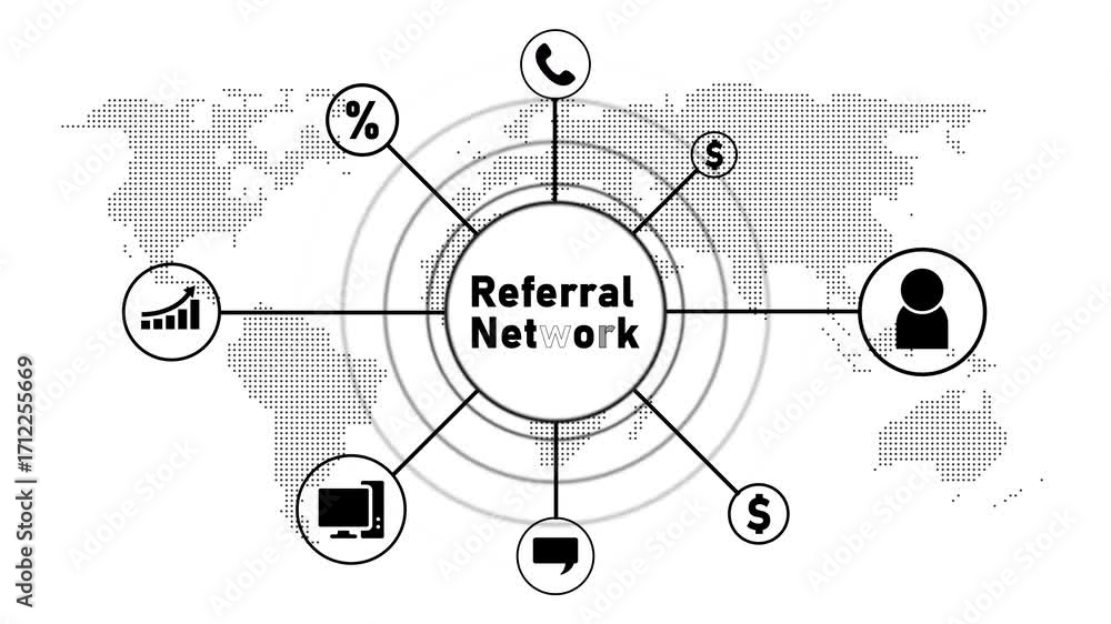 Aufkleber referral network diagram with icons for communication finance and growth on a world map background g