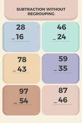 Educational worksheet template for elementary students learning basic two-digit subtraction without regrouping