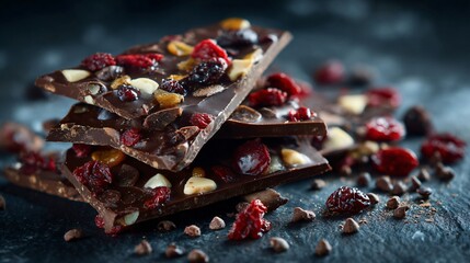 Chocolate bark with nuts and dried berries, dark slate background, scattered cocoa nibs, moody shadows