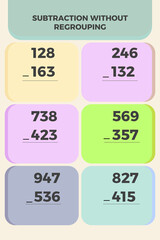 Clear visual aid illustrating fundamental two-digit subtraction problems without regrouping, designed for elementary school math practice and effective teaching of arithmetic concepts
