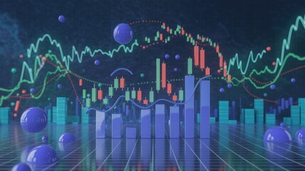 Futuristic digital financial data visualization with glowing candlestick charts and abstract bubbles