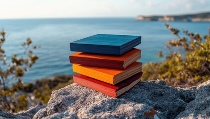 a stack of blue, orange and red wooden notepads on top of the rocks in wild nature with sea view in background. In Scandinavian style