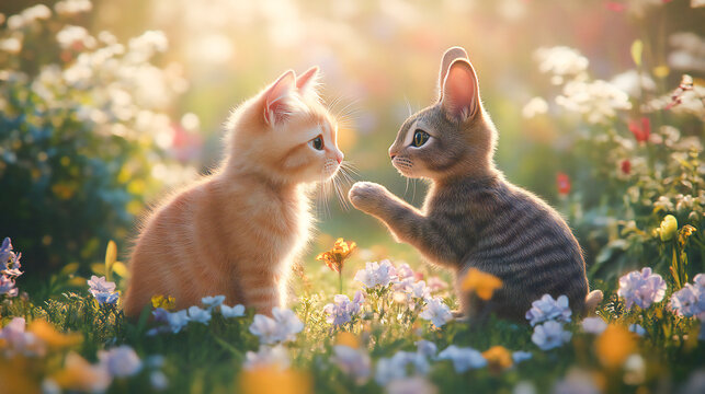 Animal lover, cat and rabbit couple holding hands, compassion, magical flower garden background. Birthday anniversary easter holiday fantasy romantic banner. Funny cute pet digital art greeting card