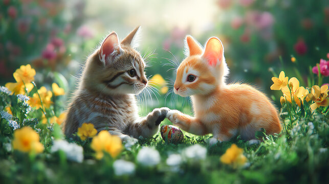 Animal lover, cat and rabbit couple holding hands, compassion, magical flower garden background. Birthday anniversary easter holiday fantasy romantic banner. Funny cute pet digital art greeting card