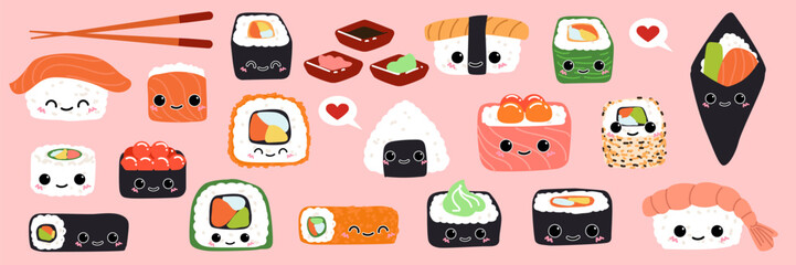 Sushi kawaii. Cute food with face. Roll character. Japanese dish. Icon manga design. Happy smiling mascot. Asian nigiri with smile. Menu isolated elements. Vector cartoon illustration restaurant set
