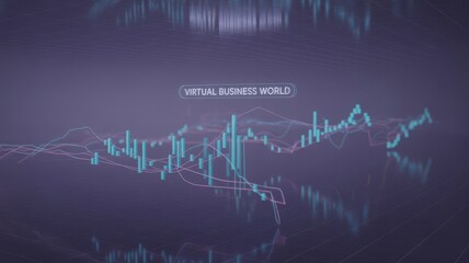 Abstract digital representation of financial market data with a fluctuating stock chart on a dark purple background