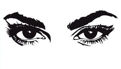 Beautiful woman eyes with thick eyebrows, vector illustration in engraving style on white background, vector illustration