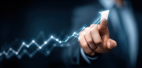 Business Growth Concept - Finger Pointing at Rising Arrow.