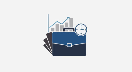 Business briefcase with growth chart and clock, symbolizing time management and financial success.
