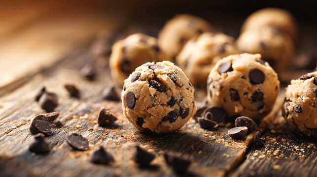Chocolate chip cookie dough bites, rustic kitchen table, scattered chocolate chips, warm afternoon light