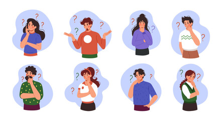 People with question marks. Confused person asks. Pensive character, young female. Business problem. Men think gesture. Vector boy is looking for tidy solution cartoon flat style isolated illustration