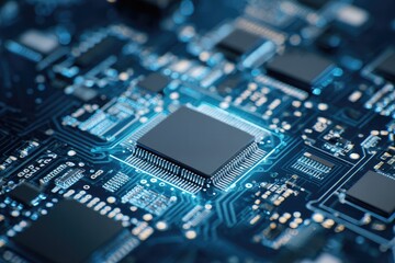 Close-up of a modern computer circuit board with glowing components.