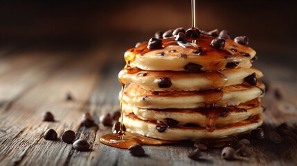 Chocolate chip pancakes stacked high, rustic wood table, scattered chocolate chips and syrup drizzles, cozy morning light