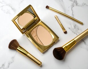 Golden makeup compact and brushes on marble